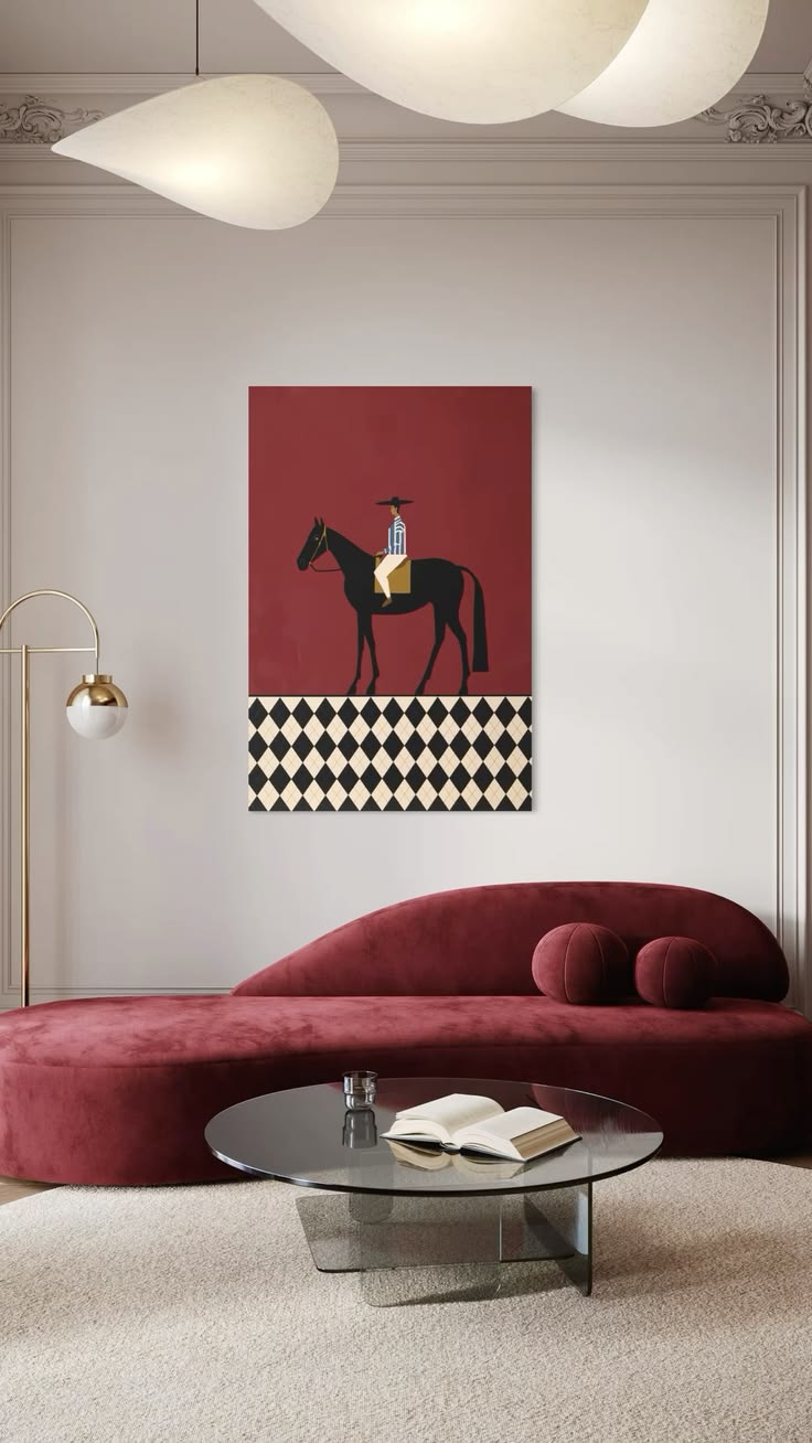 Desert Rider wall art above a red sofa