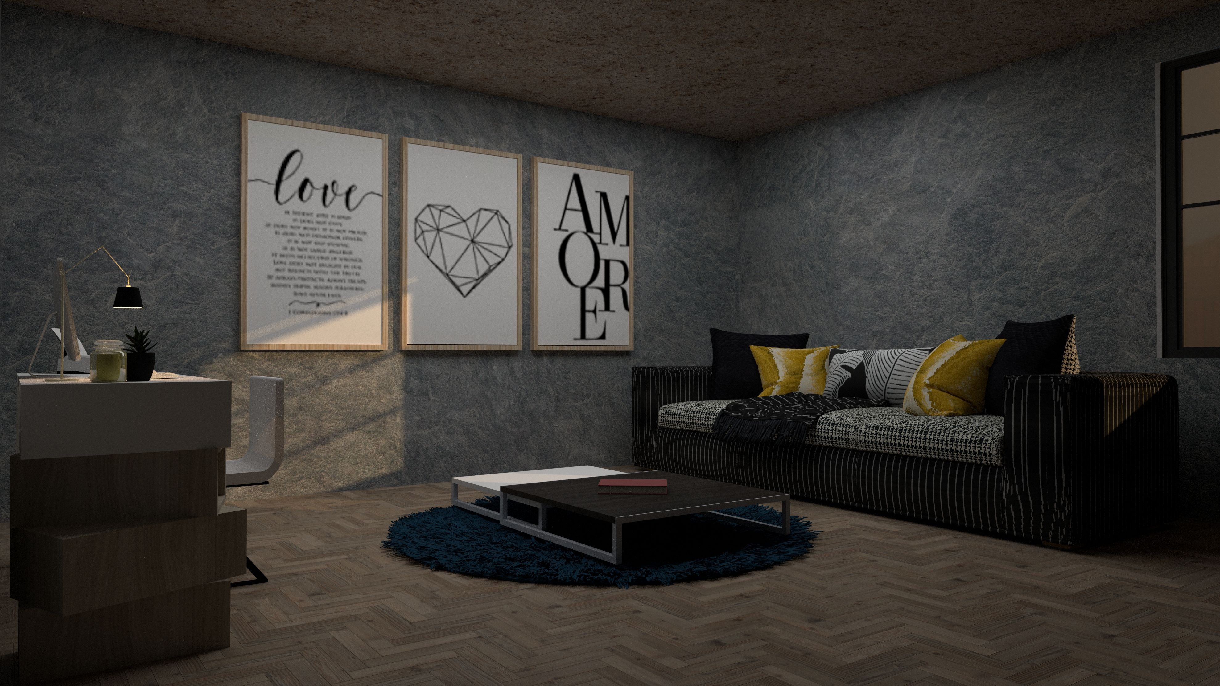 Living room with framed wall art and a workspace