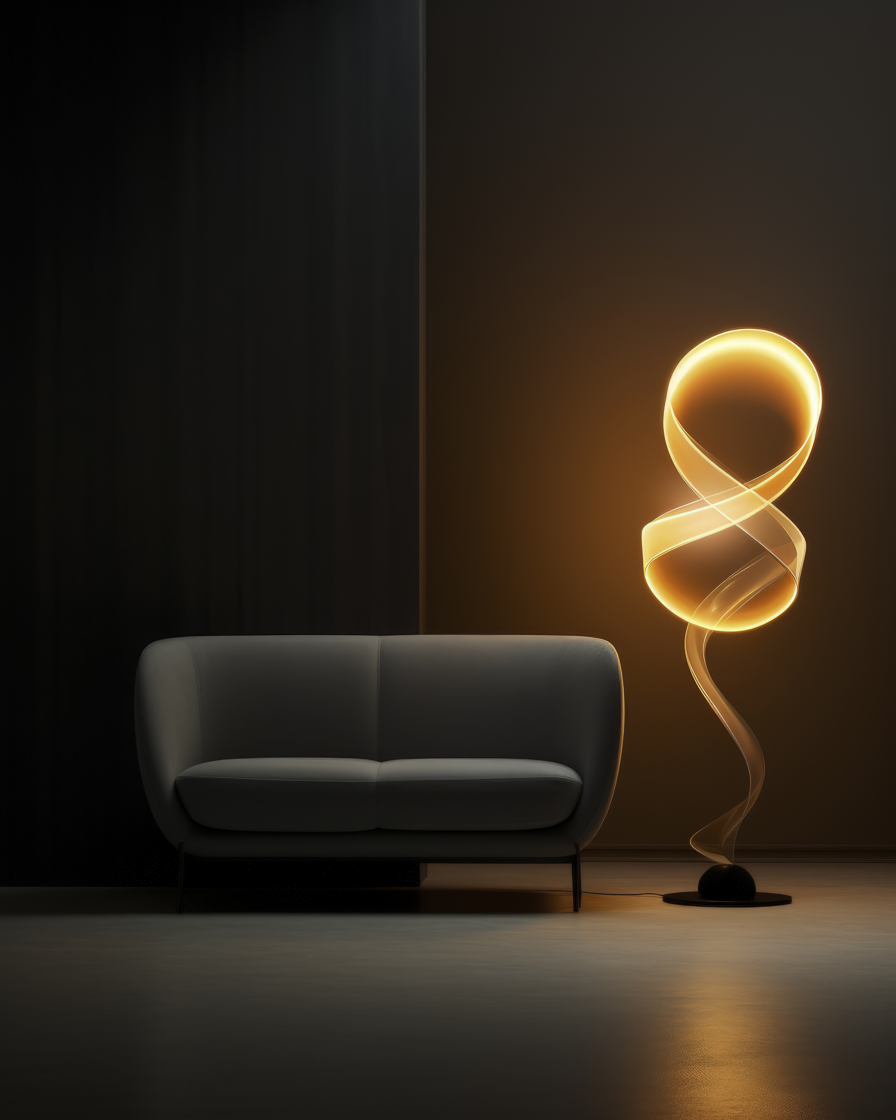 Sculptural glowing lamp beside a dark sofa
