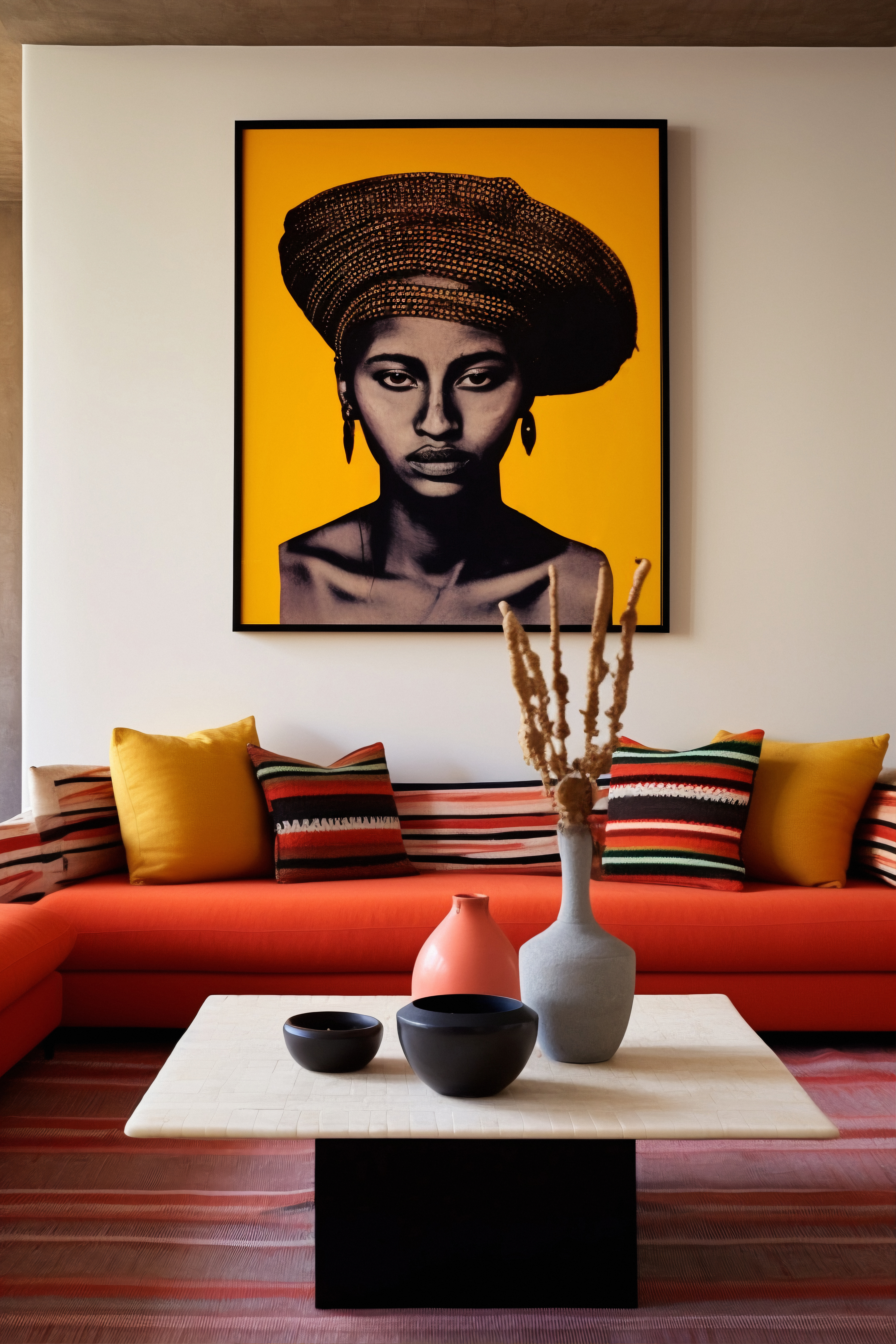 Framed portrait above a colourful orange sofa